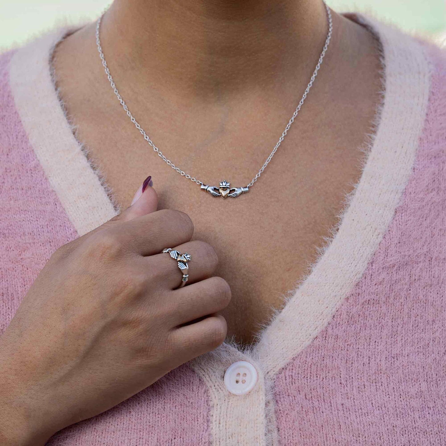 Mixed Metal Claddagh Heart Festoon Necklace
